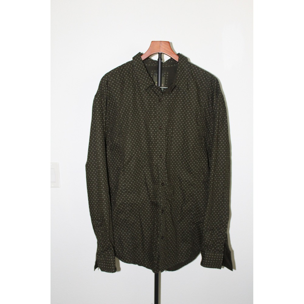 Prana Men's XXL Slim Fit Organic Cotton Button Down Shirt Olive Green Geometric